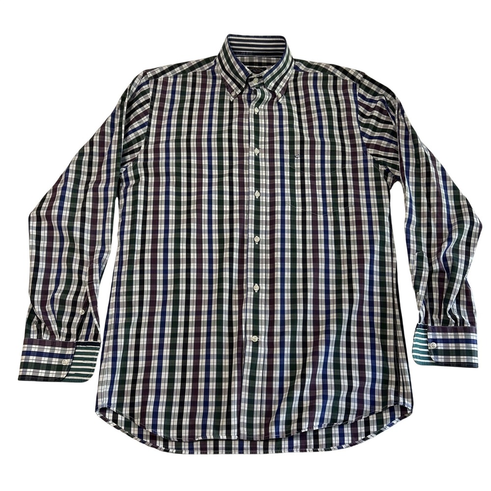 Paul & Shark Men's Yachting Button-Down Dress Shirt, 40 Medium, Blue/Green Plaid